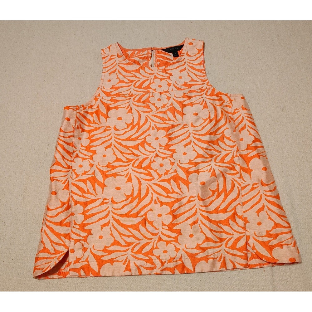 J.Crew Orange Floral Linen Blend Sleeveless Shell Top Size 4 Tropical Keyhole